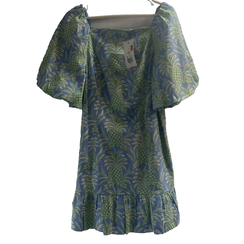 Crown Ivy Dress Woman Sz 8 Coastal Core Peasant Dress Blue Green Pineapples NWT